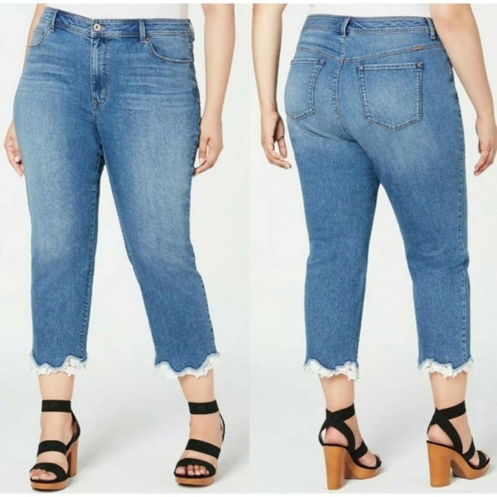 INC International Concepts women 6 high rise lace trim skinny cropped jeans blue